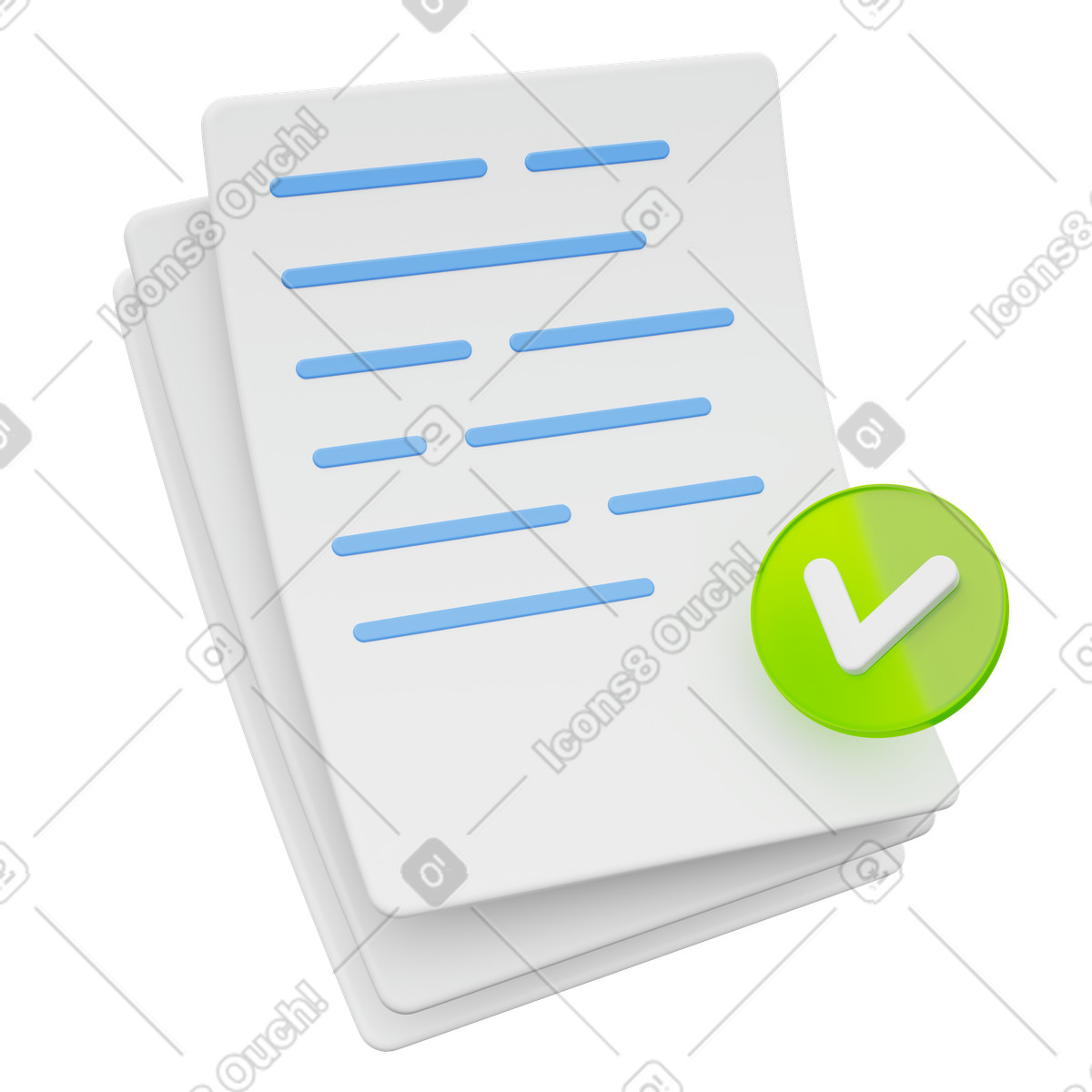 Document approval report stack with green check mark symbol illustration in 3D Playful style download in PNG, SVG