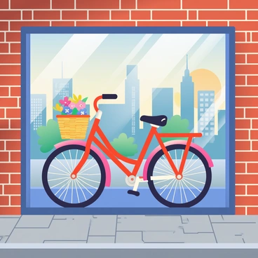 A vibrant mural of a bicycle is painted on the wall of a shop. The bicycle features a bright red frame with a basket on the front filled with colorful flowers. In the background, a detailed urban skyline is depicted, showcasing tall buildings with various architectural styles. The sky above the skyline is filled with soft gradients of blue and orange, suggesting either a sunrise or sunset. The shop's wall is made of rustic brick, and the ground below is paved with gray cobblestones, enhancing the urban setting.