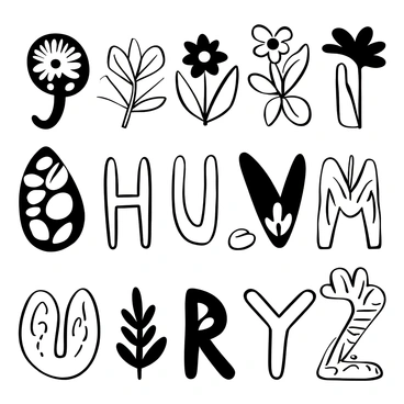 A collection of letters formed by the outlines of assorted leaves and flowers. Each letter is uniquely shaped, showcasing intricate details such as leaf veins and petal textures. The letters are arranged on a simple background, allowing the botanical designs to stand out. Some letters feature larger flowers, while others utilize smaller leaves, creating a diverse and natural typography.