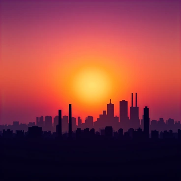 A vibrant sunset with a gradient of orange, pink, and purple colors fills the sky. Below, a cityscape stretches out with various skyscrapers and buildings, creating a skyline. The silhouettes of smokestacks rise prominently against the colorful backdrop, black against the glowing sky. The scene captures the transition of day to night, highlighting the beauty of urban life at sunset.