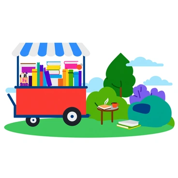 A mobile library cart with books and a small reading nook in a community park