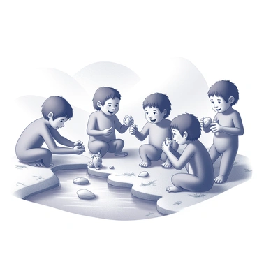 A group of young Neanderthal children is gathered near a gently flowing stream. They are engaged in play, interacting with simple wooden toys that resemble small animals and figures. Some children are sitting on the soft earth, while others are standing, holding their toys with curiosity. The stream's banks are lined with smooth stones and patches of grass, providing a natural setting for their play. The children's facial expressions reflect joy and concentration as they immerse themselves in their imaginative activities. In the background, gentle slopes of land rise, adding to the outdoor ambiance of their playful scene.