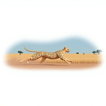 A cheetah, with a sleek golden coat adorned with black spots, is captured in mid-sprint on the savannah. Its powerful legs are extended forward, showcasing its incredible speed, while its muscular body is streamlined for optimal aerodynamic efficiency. The cheetah's ears are perked up, and its sharp eyes are focused intently on a small antelope in the distance. The savannah is filled with tall, golden grasses swaying slightly in the wind, and a few scattered acacia trees can be seen against a clear blue sky. Dust is kicked up from the ground as the cheetah races across the terrain.