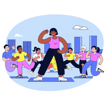 A woman with an athletic build is leading a fitness class on a rooftop. She has short, dark hair and is wearing a bright pink tank top and black leggings. She is demonstrating an exercise with a confident expression and a smile, inspiring her participants. Around her, a diverse group of individuals are engaging in various workout routines, such as jumping jacks and lunges. The skyline of a city can be seen in the background, with tall buildings under a clear blue sky. Each participant is focused and following her lead, creating a dynamic atmosphere.