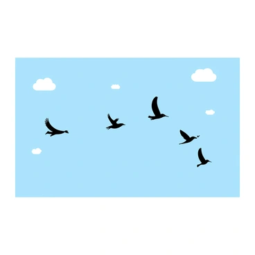 A flock of birds, varying in size and type, is taking flight across a vast sky. The birds are positioned at different heights and angles, creating a sense of movement and dynamism. The sky is painted in soft shades of blue, with a few scattered clouds that provide a light contrast. The 16x20 illustration board serves as the canvas for this scene, emphasizing the spaciousness of the sky. Each bird's wings are displayed in varying positions, showcasing their individual flight patterns.