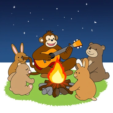 A cartoon monkey with a big smile and large expressive eyes is playing a colorful guitar. The monkey has brown fur and a small tuft of hair on its head. It is sitting cross-legged on a patch of grass around a warm glow of a campfire. Surrounding the campfire are several cartoon animal friends, including a rabbit with long ears and a bear with a friendly face. The night sky above is filled with twinkling stars, and the fire flickers, casting light on the animals' joyful faces. They are all enjoying the music and each other's company.
