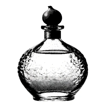 An elegant vintage perfume bottle is placed on a reflective surface. The bottle features a distinctive fig-shaped stopper, intricately designed to mimic the texture and form of a fig. The glass of the bottle has detailed etchings and patterns that catch the light, creating a sense of depth and sophistication. The overall shape of the bottle is curvaceous, enhancing its vintage charm.