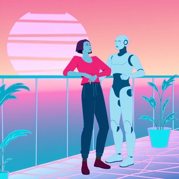 A scene showing a human and their robot companion enjoying a sunset on a futuristic balcony