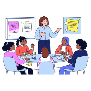 A woman with shoulder-length brown hair is standing at the front of a bright, spacious workshop. She is wearing a light blue shirt and dark jeans. Around her, young girls of diverse backgrounds are seated at tables, attentively listening. The girls are holding notebooks and pens, ready to take notes. The woman is gesturing with her hands, demonstrating a skill. On the tables, there are various tools and materials related to the skills being taught, such as scissors, paper, and craft supplies. The walls of the workshop are decorated with colorful posters displaying motivational quotes about learning and empowerment.