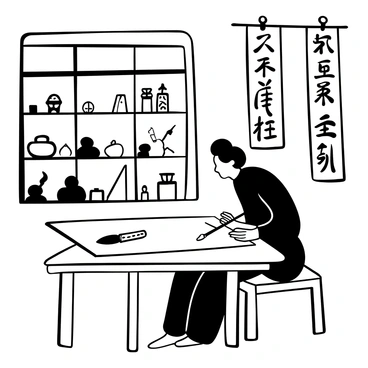 An artist wearing a traditional robe is positioned in a Beijing studio, focused on practicing traditional Chinese calligraphy. The artist is holding a brush poised above a large sheet of rice paper spread out on a wooden table. In the background, shelves filled with calligraphy tools, such as ink stones and brushes, are visible. A window allows natural light to pour into the space, illuminating the delicate strokes being crafted on the rice paper. Several completed pieces of calligraphy hang on the walls, showcasing intricate characters.