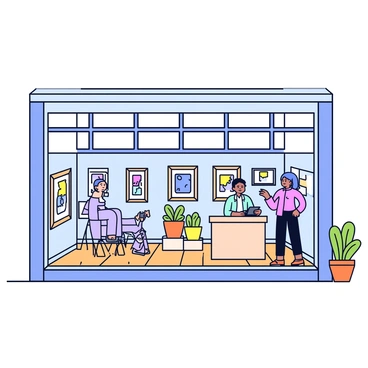 A quaint art gallery located in Vancouver with a charming façade. The gallery features large glass windows that allow a view of the interior. Inside, the walls are adorned with colorful illustration pieces in various frames. There are several small, simple display stands highlighting some of the artwork. The floor is made of polished wood, and there are a few potted plants placed in the corners to add a touch of greenery. A small reception desk is situated near the entrance, where an art curator is interacting with visitors.