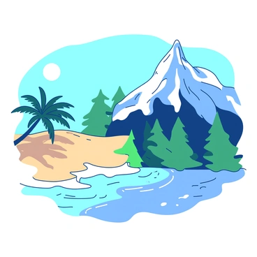 A duotone illustration features a "serene beach" on the left side, with gentle waves lapping at the "golden sand." There are several "palm trees" with "green leaves" swaying in a light breeze, and a bright sun shining overhead in a "blue sky." On the right side, there is a "snowy mountain" towering high with a "white peak" glistening in the sunlight. The mountain is surrounded by "evergreen trees" with "dark green needles," and a clear, "blue sky" above contrasts with the snow. The two scenes are divided by a seamless transition, creating a harmonious balance between the "beach" and the "mountain."