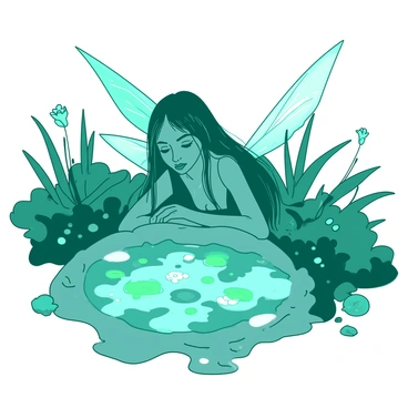A teal fairy with delicate, shimmering wings is gazing intently into a white mystic pond. The pond's surface mirrors a magical scene, filled with vibrant colors and ethereal shapes. Surrounding the pond, there are lush green plants and glowing flowers, casting soft luminescence on the fairy's face. The atmosphere is enchanting, enhanced by the gentle ripples in the water that distort the reflected images. The fairy's long, flowing hair cascades around her shoulders, and she is dressed in a gown of diaphanous fabric that seems to blend with the natural surroundings.