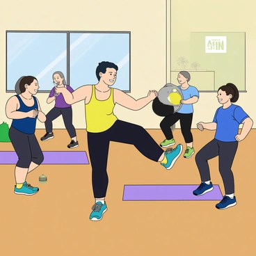A fit fitness instructor with short, dark hair and wearing a bright yellow tank top and black leggings stands at the front of a small exercise studio. The instructor is demonstrating the "donkey kick" exercise, with one leg lifted high behind, showing an engaged posture. Behind the instructor, there are four participants of varying ages and fitness levels, each following along. They are wearing colorful workout clothes, and their expressions are focused as they mimic the instructor's movements. The studio features large mirrors reflecting the class and motivational posters on the walls. Soft mats are laid out on the wooden floor for comfort during the workout.
