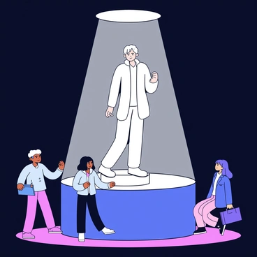 A figure sculpture is positioned on a pedestal, with a bright spotlight illuminating it from above. The sculpture is intricately detailed, featuring smooth curves and sharp angles that create an interesting interplay of light and shadow. The surrounding area is dimly lit, emphasizing the contrast between the brightly lit sculpture and the dark background. Students are gathered around the pedestal, observing the sculpture closely to analyze the effects of light on its surface.