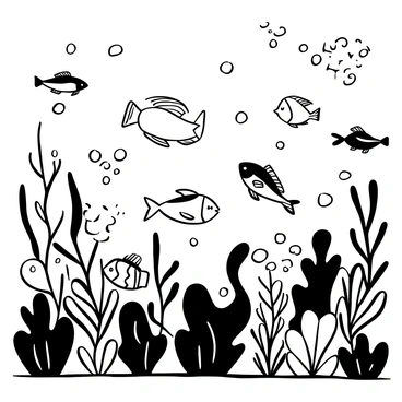 A group of fish swimming playfully in an underwater meadow filled with various aquatic plants. The plants are depicted as intricate shapes and forms, covering the ocean floor like a carpet. Bubbles rise from the fish as they dart between the plants, creating a sense of movement. Some fish are in schools, while others swim independently among the foliage. The underwater environment is rich with textures, creating a lively scene of marine life.