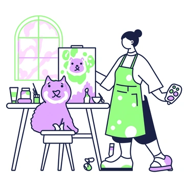 A chow chow is sitting patiently on a wooden stool while an artist paints its portrait on a large canvas. The chow chow has a fluffy coat with a distinctive mane around its face. The artist, wearing a paint-splattered apron, is focused on the canvas, holding a palette in one hand and a brush in the other. The canvas displays the vibrant colors of the chow chow's fur, capturing its unique expression. In the background, various art supplies are arranged on a table, including paint tubes and brushes, while a window lets in natural light, illuminating the scene.