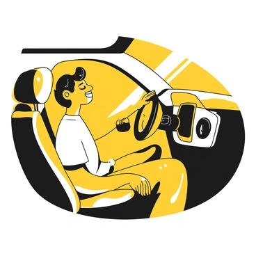 A customer sitting inside a new car, smiling with eyes closed, taking a deep breath. The interior of the car features sleek black and white upholstery with a shiny dashboard. The steering wheel is black with silver accents. Sunlight streams in through the windshield, creating highlights on the surfaces. The customer is wearing a casual outfit, with a hand resting on the steering wheel, embodying a sense of satisfaction and contentment.