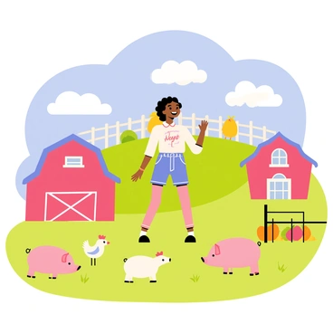 Polly Pocket is standing in the center of a vibrant pocket-sized farm. Surrounding her are tiny, colorful buildings, including a red barn and a small farmhouse. There are playful, cartoon-style pigs with round bodies and curly tails, roaming around in the soft green grass. A few cheerful chickens with fluffy feathers are pecking at the ground nearby. In the background, a miniature fence encloses a small vegetable patch filled with brightly colored carrots and tomatoes. The sky above is a clear blue with fluffy white clouds floating by. Polly is wearing her signature outfit, looking delighted as she interacts with the tiny animals.