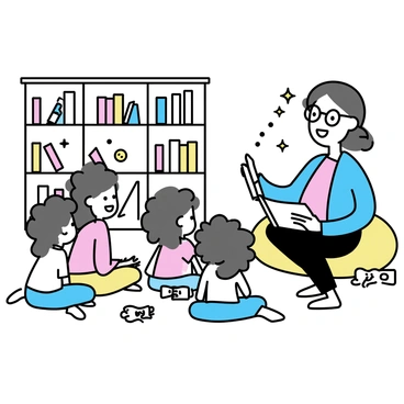 A teacher, wearing glasses and a blue cardigan, sits on a large, colorful cushion in a cozy library corner. She is holding an open storybook, animatedly reading to a group of attentive children. The children, a diverse group with varying hairstyles and clothing, are seated around her on the floor, some leaning forward in excitement. The library corner features tall bookshelves filled with various books, and a soft, warm light illuminates the space, creating a welcoming atmosphere. A few stuffed animals are scattered around, adding to the cozy environment.