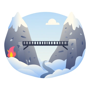 A bridge spanning between snowy mountain peaks, with a trail of smoke and fire
