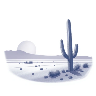 A vast desert landscape stretches out under a clear sky. In the foreground, a lone cactus stands tall, its spines sharply defined against the light. The cactus is surrounded by small rocks and patches of sand. A setting sun looms low in the sky, creating a dramatic silhouette of the cactus. The sun's rays cast long shadows across the desert floor, enhancing the isolation of the cactus in this expansive scene.