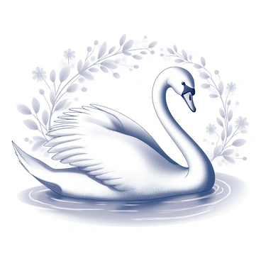 A swan gracefully gliding across a still body of water. The swan is depicted with elongated neck and elegant body posture, showcasing its feathers in detailed, flowing lines. The background features intricate floral patterns and decorative elements that surround the swan, creating a harmonious design. The water reflects the shape of the swan, with gentle ripples emanating from its movements.