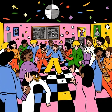 A vibrant 70s-style disco club filled with energy. There is a large spinning mirror ball hanging from the ceiling, reflecting various colorful lights throughout the room. The dance floor is crowded with people in retro clothing, with flared pants and bright, patterned shirts. Colorful lights are flashing in a rhythmic pattern, creating a lively atmosphere. In one corner, a DJ is mixing tracks on a turntable, surrounded by speakers. The walls are adorned with posters of famous disco artists, enhancing the nostalgic feel of the club.