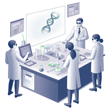 A laboratory environment filled with advanced biotechnology equipment. In the center, a large holographic display shows a detailed structure of rRNA, with arrows indicating its functions. Scientists, wearing lab coats and safety goggles, are interacting with touch screens and conducting experiments. One scientist is manipulating a pipette, while another is observing a reaction in a clear flask. On the walls, there are digital monitors displaying data and graphs related to genetic research. The atmosphere is busy, with an emphasis on innovation and technology.