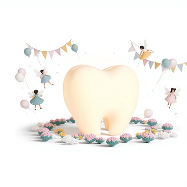 A large, glowing tooth statue stands at the center of the scene, radiating a soft white light. Surrounding the statue, several small tooth fairies with delicate wings flutter through the air. Each fairy has a unique pastel-colored dress, and they have sparkling dust trailing behind them. The ground is covered with vibrant flowers and colorful decorations, creating a festive atmosphere. In the background, there are bright banners and balloons, enhancing the celebratory mood of the grand festival.