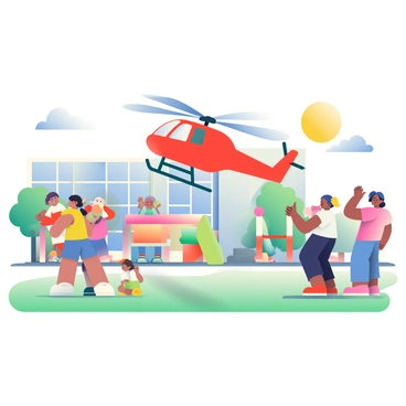 An RC helicopter with a vibrant red body is taking off from a schoolyard. The helicopter's rotor blades are spinning rapidly, creating a sense of motion. In the background, there is a school building with large windows and a playground area. Several children with diverse appearances are gathered around, cheering excitedly. Some kids are wearing colorful t-shirts and shorts, while others are holding small toy cars. The sun is shining brightly, casting clear shadows on the ground. The grass is green and well-maintained, and a few trees are visible in the distance.