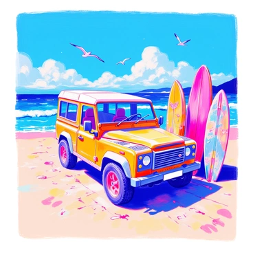 A G-Wagon is parked on a sandy beach under a clear blue sky. The vehicle's sleek lines and distinctive shape stand out against the light-colored sand. Next to the G-Wagon, there are several colorful surfboards leaning against it, each featuring different designs and patterns. The ocean waves can be seen in the background, gently rolling onto the shore. A few seagulls fly overhead, adding to the beach atmosphere. Sunlight glistens on the water's surface, creating a vibrant scene.