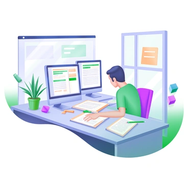 A translator working with multilingual documents in a modern office, with dictionaries and screens