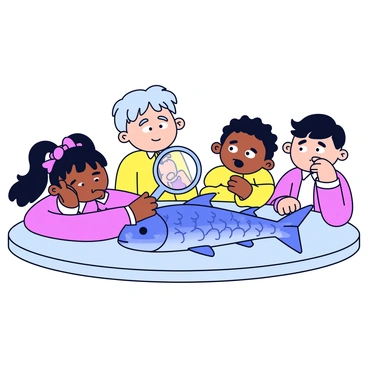 A close-up view of a minnow lying on a flat surface. The minnow has shiny scales reflecting light, creating a glimmer. Above the minnow, a magnifying glass hovers, revealing intricate details of the fish's fins and eyes. Surrounding the minnow are four curious kids, leaning in closely. Two of the kids have wide eyes, filled with wonder, while another points at the minnow with excitement. The fourth child holds the magnifying glass steady, showing interest in the examination.
