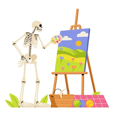 A skeleton with a bony structure is standing in a sunny park, holding a paintbrush in one hand and a palette filled with vibrant colors in the other. The skeleton is focused on a large canvas set on an easel, showcasing a colorful landscape filled with rolling hills, bright flowers, and a clear blue sky. Sunlight casts shadows on the ground, and a few fluffy white clouds float overhead. Nearby, a picnic blanket is spread out with a basket and a couple of colorful balls.