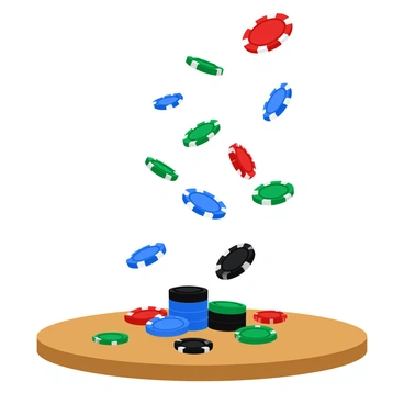 A variety of colorful poker chips in red, blue, green, and black are falling from above. The chips tumble through the air with some spinning and flipping, creating a dynamic scene. They land on a wooden table, scattering across its surface. Some chips are stacked on top of each other, while others are lying flat. The light reflects off the chips, showcasing their shiny surfaces.