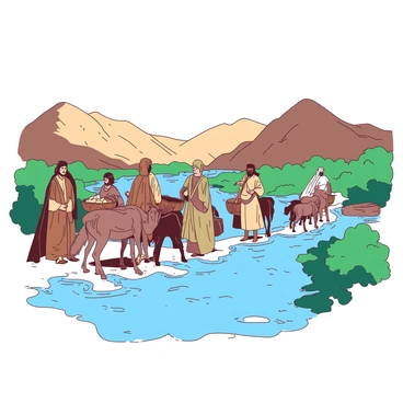 A group of travelers dressed in traditional historical garments is crossing the "Jordan River." The scene showcases men and women with flowing robes in various earth tones. Some of the travelers are carrying woven baskets filled with supplies, while others are leading pack animals beside them. The river is depicted as a vibrant blue surrounded by lush green vegetation on the banks. In the background, there are rugged hills under a clear sky, enhancing the sense of adventure and exploration. The travelers appear focused and determined as they make their way across the river.