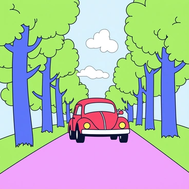 A bright red Beetle car is driving down a narrow path. The path is surrounded by tall, green trees that form a lush canopy overhead. Sunlight filters through the leaves, creating dappled patterns on the ground. The car has its headlights on, highlighting the way ahead. The scene captures a sense of adventure in a vibrant, natural setting.