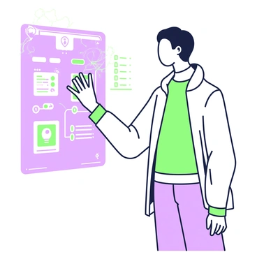 A side profile of a person is standing, engaged with a futuristic holographic screen that displays various icons and data. The person has a modern hairstyle, and is wearing a fitted jacket. Their hand is raised, reaching towards the holographic interface, which shows swirling graphics and a few floating menus. The environment around them is minimalistic, with soft lines and a sense of advanced technology in the background.