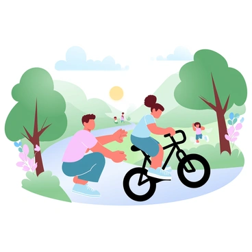 An older sibling is guiding a younger one as they learn to ride a bicycle in a park. The older sibling is crouched beside the bicycle, holding onto the back of the seat with one hand while the other hand is gently supporting the younger sibling's back. The younger sibling is on a small bicycle, looking determined and slightly unsteady, with their hands gripping the handlebars. Surrounding them are lush green trees and colorful flowers blooming in the park. A pathway winds through the scene, and a few other children can be seen playing in the background. The sun casts soft, warm light, creating a cheerful atmosphere.