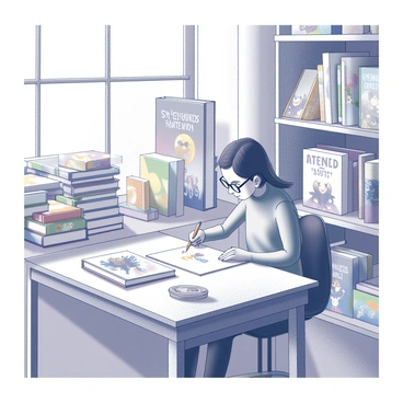 An illustrator sits at a wooden desk cluttered with various children's books. The illustrator, focused on their work, is sketching whimsical characters on a sheet of paper. Around the desk, colorful book covers featuring playful illustrations are stacked and displayed. The room has shelves filled with more children's books, creating a cozy, creative atmosphere. In the background, a window allows natural light to illuminate the scene, highlighting the details of the drawings. The illustrator wears glasses and has a pencil tucked behind one ear, demonstrating their dedication to the craft.