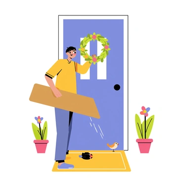 A person shaking dust off a doormat in front of a welcoming front door