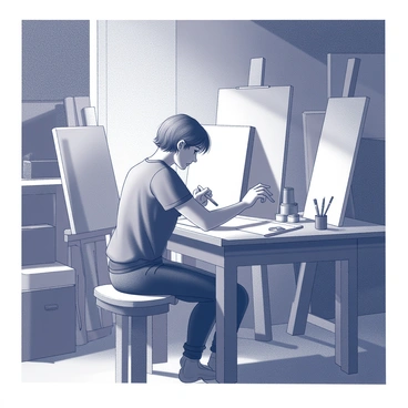 An artist is seated at a cluttered worktable in a dimly lit studio. The room is filled with various unfinished canvases stacked against the walls and propped up on easels. The artist, focused on a canvas, holds a paintbrush in one hand while the other rests on the table. Soft shadows loom around the space, creating a cozy yet industrious atmosphere. A light source illuminates the artist's face, highlighting their concentration. Tools of the trade, including paint tubes and brushes, are scattered around, adding to the creative chaos of the studio.