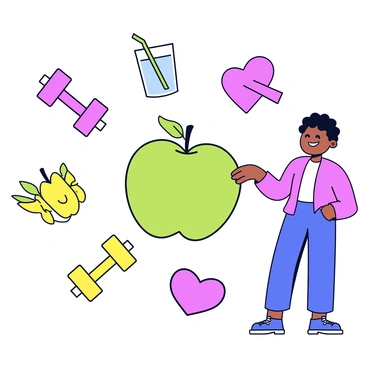 A minimalistic cartoon illustration features a serene wellness scene. In the center, there is a simple representation of the "pineal gland" depicted as a stylized pine cone. Surrounding it are various cartoon symbols of health, including a bright green apple, a glass of water with a straw, a dumbbell in a vibrant color, and a heart symbol. A person stands next to the symbols, smiling and reaching out to touch the apple. The person is depicted in a simplistic style, with an outline and minimal details, conveying a sense of connection to the symbols of health.