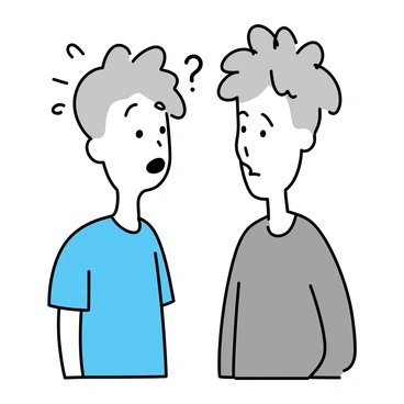 Two identical twins, one appearing youthful with smooth skin and bright eyes, and the other showing signs of aging with wrinkles and gray hair. The young twin is wearing a simple blue t-shirt, while the aging twin is dressed in a faded gray sweater. They stand side by side, looking at each other with expressions of surprise and curiosity. The background is minimalistic, emphasizing the stark contrast between their ages.