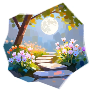 A serene garden illuminated by soft moonlight, revealing a variety of flowers that emit a gentle glow in shades of blue and white. The flowers are scattered throughout the garden, casting ethereal light onto the surrounding greenery. A winding stone path meanders through the garden, with smooth stones that reflect the moonlight, leading deeper into the tranquil space. The leaves of nearby trees shimmer slightly in the soft light, adding to the peaceful atmosphere of the scene.