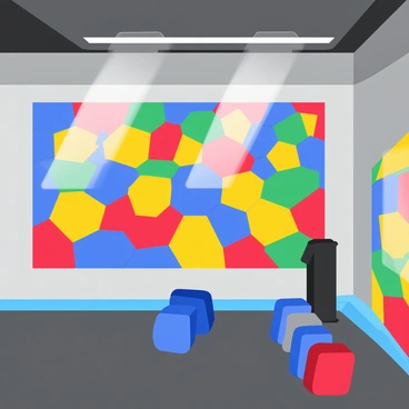 A gym wall covered in a vibrant mosaic made up of various sized dumbbells. Each dumbbell is arranged to form a cohesive pattern, showcasing a mix of colors including bright red, blue, yellow, and green. The dumbbells vary in size, with some being small and others large, creating an interesting visual contrast. The background of the wall is a sleek gray, emphasizing the colorful mosaic design. Light reflections shimmer off the dumbbells, adding a dynamic element to the scene.