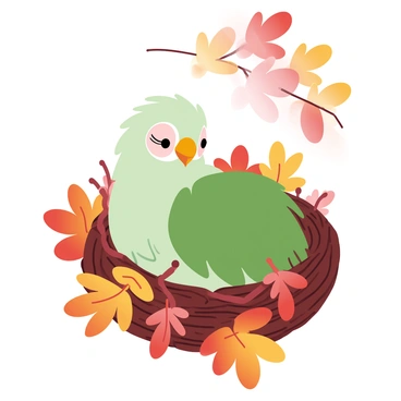 A kakapo is nestled comfortably in a nest made of autumn leaves. The leaves display vibrant shades of orange, yellow, and red, emphasizing the changing colors of the season. The kakapo has lush green feathers that contrast with the warm hues of the leaves surrounding it. Small twigs are intertwined with the leaves, creating a natural, textured nest. Soft sunlight filters through the branches above, casting gentle light onto the scene.