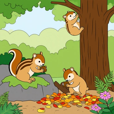 A cheerful scene depicting a chipmunk family gathering nuts in a vibrant woodland setting. There are three chipmunks with striped fur, each focusing on their task. One chipmunk is perched on a moss-covered rock, holding an acorn in its paws. Another chipmunk is digging in the soft, brown soil near a bed of colorful fallen leaves, while the smallest chipmunk is climbing up a tree trunk, searching for nuts hidden in the crevices. Sunlight filters through the green canopy above, casting playful shadows on the forest floor. Surrounding them are various wildflowers and ferns, adding bursts of color to the lush environment.