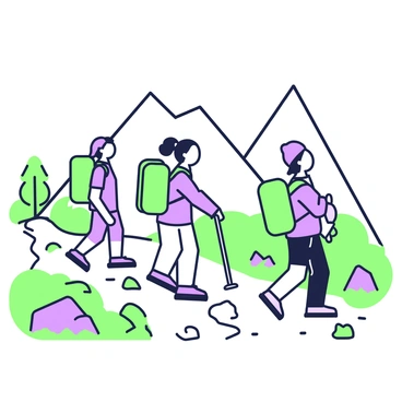A group of three adventurers is hiking on a mountain trail surrounded by rocky terrain. The first adventurer is wearing a green backpack and has short brown hair. The second adventurer is dressed in a purple jacket, with long hair tied in a ponytail. The third adventurer, wearing a purple beanie, is carrying a walking stick. The trail winds through the mountains, with steep slopes visible on either side. In the background, tall mountain peaks rise against a clear sky, while a few scattered trees dot the landscape around the trail.